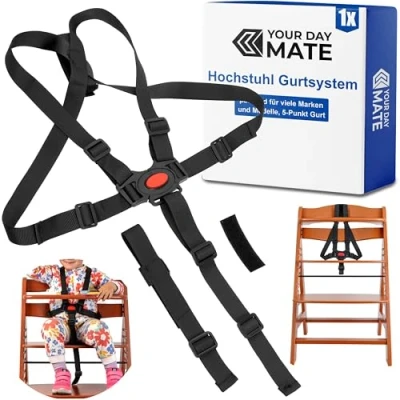 Abbildung von Hochstuhl 5 Punkt Gurtsystem, 1 Set, kompatibel mit Hauck Alpha Beta, Stokke Tripp Trapp, Roba, uvm., in Schwarz, Schrittgurt, einstellbarer Kinderhochstuhl Sicherheitsgurt, Hochstuhlgurt Punkte
