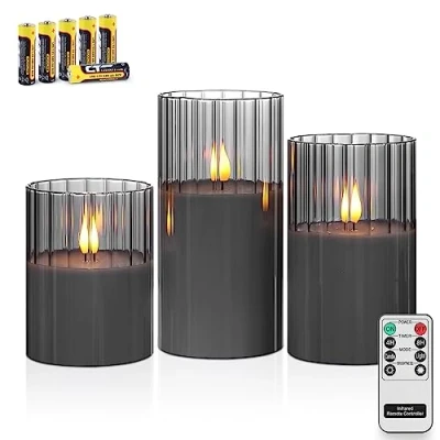 Abbildung von Rhytsing 3 Grau LED Kerzen im Glas mit Timerfunktion, Riffelglas Flammenlose Fernbedienung und Batterien Enthalten, H 10/12,5/15cm