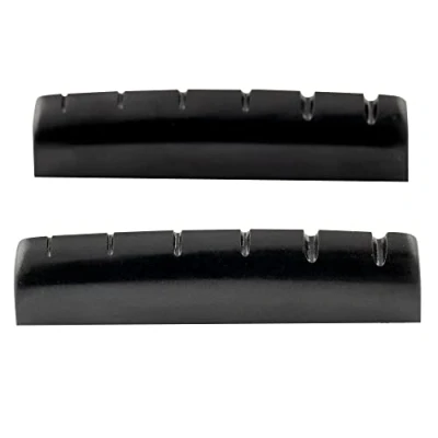 Abbildung von Musiclily Pro Harnstoffharz Kunststoff 43mm LP Style Sattel Nut Flacher Boden für 6 Saiter Les Paul E Gitarre/Akustikgitarre,Schwarz(2 Stück)