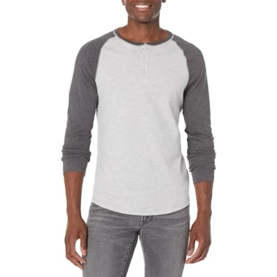 Abbildung von Amazon Essentials Herren Langärmeliges Henley Shirt, Schmale Passform, Dunkelgrau Meliert Hellgrau Heide, S