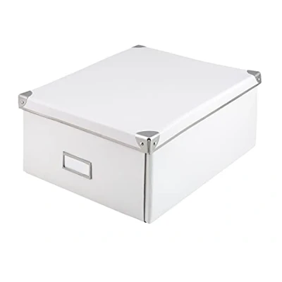 Abbildung von Idena 10519 Aufbewahrungsbox aus festem Karton, Deckel mit verstärkten Kanten Metall, Allzweck Box in Weiß inklusive Beschriftungsfeld, für Ordnung im Haushalt, Büro und Arbeitszimmer