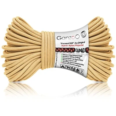 Abbildung von Ganzoo Paracord 550 Seil / 4mm Nylon/Polyester/Typ Hybrid/Armband Hunde Leine/Hunde Halsband 250Kg. Bruchlast/Outdoor Rope/Camping Schnur/Allzweckseil 30 Meter/Hellbraun Beige
