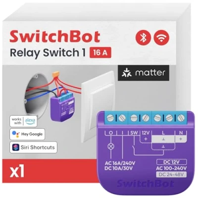 Abbildung von SwitchBot Wlan Schalter kompatibel mit Alexa/Apple Home/Google Home, Leistungsmessendes Relaisschaltmodul integriertem Bluetooth Repeater und Trockenkontakt, Wi Fi 2,4 GHz (Schalter 1), 16A