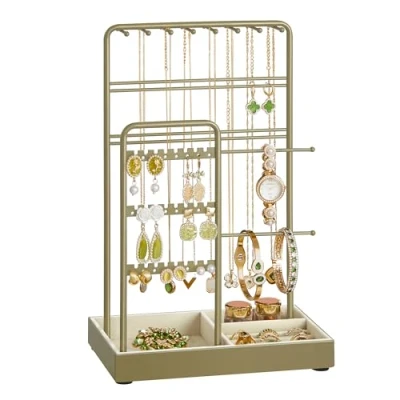 Abbildung von SONGMICS Schmuckständer, Schmuckhalter, Metallrahmen, Schmucktablett Samt, Schmuckaufbewahrung für Halsketten Armbänder Ohrringe Ohrstecker Ringe, Geschenkidee, Weihnachten, lorbeergrün JJS021C02