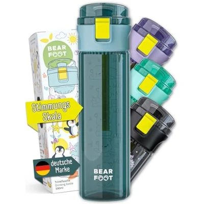 Abbildung von BEARFOOT Trinkflasche Kinder auslaufsicher, 500ml, leichte Tritan Wasserflasche, BPA frei, Kohlensäure geeignet, spülmaschinenfest für Jungen, Mädchen, Kleinkind (Logo blau, 500ml)