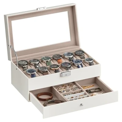 Abbildung von SONGMICS Uhrenbox, Uhrenkasten mit Glasdeckel, 2 Ebenen, für 12 Uhr, abschließbar, 1 Schublade, Ringe, Armbänder, Geschenkidee, PU Bezug in Wolkenweiß, Innenfutter Cappuccinobeige JWB012W01
