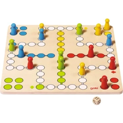 Abbildung von Goki 56710 Brettspiel Ludo, Familienspiel mit 16 Figuren und Würfel, 4 unterschiedeliche Farben, 28x28cm, ab Jahre, bunt, Einheitsgröße