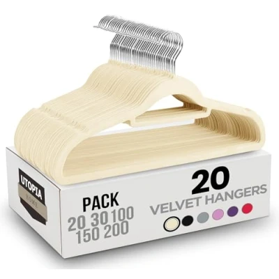 Abbildung von Utopia Home Premium Antirutsch Kleiderbügel aus Samt rutschfeste und strapazierfähige mit Krawattenhalter Stark genug, Jacken Pullover zu halten (Elfenbein, 20er Pack)