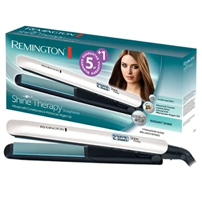 Abbildung von Remington Glätteisen Shine Therapy (hochwertige Keramikbeschichtung angereichert mit Mikrowirkstoffe für mehr Glanz marokkanisches Arganöl &amp; Vitamin E) LCD Display, 150 230C, Haarglätter S8500