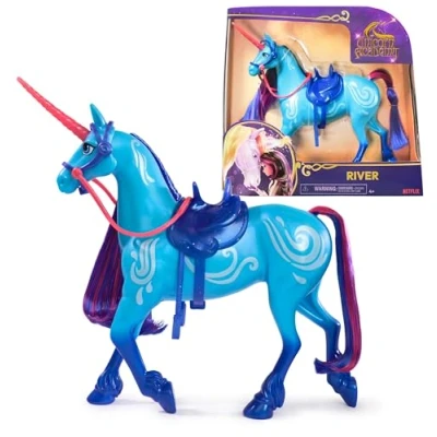 Abbildung von Unicorn Academy Einhorn River ca. 28 cm großes von Isabel zur beliebten Netflix Serie, mit beweglichem Kopf, abnehmbarem Zaumzeug und Sattel für realistisches Rollenspiel, ab 4 Jahren