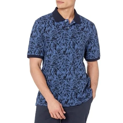 Abbildung von Amazon Essentials Herren Polohemd mit normaler Passform aus Baumwollpiqué (erhältlich in Big &amp; Tall), Indigo Palmwedelaufdruck, L