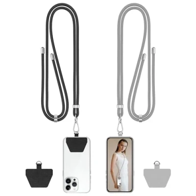 Abbildung von COCASES Handykette Universal zum Umhängen 2 Stück Handyband aus Nylon kompatibel mit jeden Smartphones, Handy Kette Umhängenband Kordel (Schwarz/Grau)