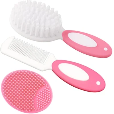 Abbildung von Baby Haarbürste, Wiegenhut Bürste, Haarkamm, Haarbürste und Kamm Set für Neugeborene &amp; Kleinkinder, Bürste mit weichen Borsten, ideal Wiegenhut, perfektes Liste Geschenk (Rosa)
