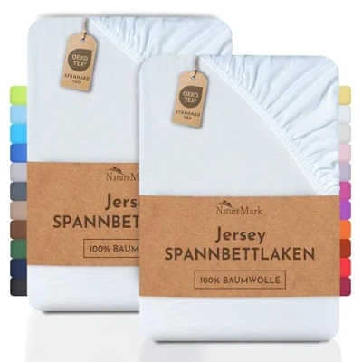 Abbildung von NatureMark 2er Pack Jersey Spannbettlaken, Spannbetttuch 100% Baumwolle in vielen Größen und Farben MARKENQUALITÄT ÖKOTEX Standard 100 90 x 200 cm weiß