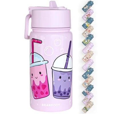 Abbildung von BEARFOOT Trinkflasche Kinder Edelstahl mit Strohhalm Thermosflasche 400ml BPA frei auslaufsicher Kleinkinder, Mädchen &amp; Jungen Wasserflasche für Schule, Kindergarten (Lila BubbleTea)