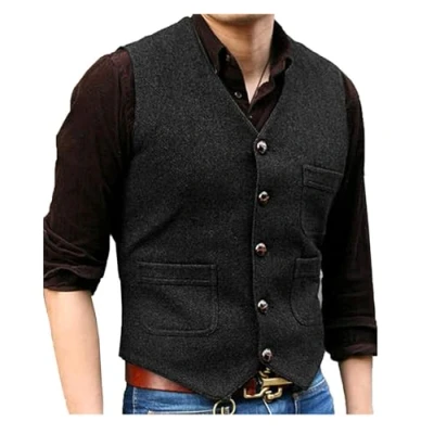 Abbildung von Solovedress Mens Vintage Classic Wolle Anzugweste Formale Regular Fit Weste Anzug für Hochzeit Groomsmen(Black,L)