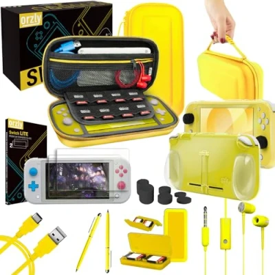 Abbildung von Orzly Switch Lite Accesoires, Zubehör für Nintendo (2019) Panzerglas Schutzfolien, USB Ladekabel, Konsole Tragetasche, Spiele Patronenhülse, Comfort Grip Case, Kopfhörer Gelb