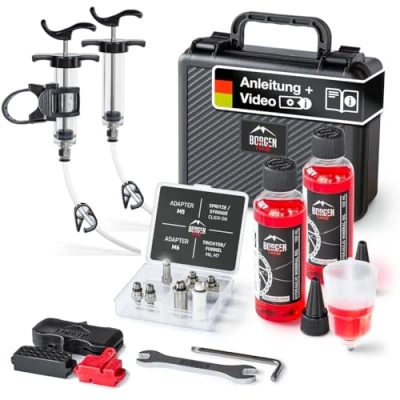 Abbildung von Borgen Entlüftungsset PRO für Shimano, Tektro und TRP Scheibenbremse Fahrrad Entlüftungskit mit Anleitung, inkl 2X Mineralöl Bremsflüssigkeit, Brake Bleed Kit, Bremsen