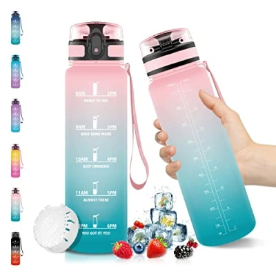 Abbildung von Vikaster Trinkflasche 1L Kohlensäure Geeignet, Fahrrad, Auslaufsicher, Tritan Trinkflasche, Wasserflasche mit Zeitmarkierungen&amp;Filter, Sportflasche für Camping, Yoga, Gym, Schwarz