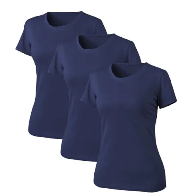 Abbildung von Liking 3er Pack Basic Tshirt Damen Baumwolle Kurzarm T Shirt Casual Rundhalsausschnitt Tops Set Marineblau 6101 UN3 M 3