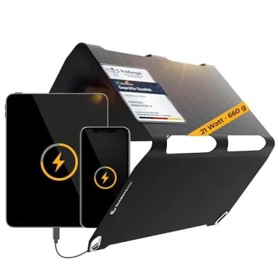 Abbildung von Sunnybag SUNBOOSTER 21 Solarpanel faltbar mit Watt Leistung Solar Charger zum Handy Laden unterwegs Wasserfest und leicht 2 USB Ausgänge Ladegerät für Wandern, Camping, Outdoor