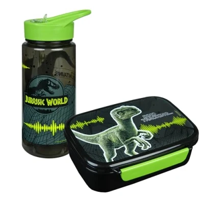 Abbildung von Scooli Jurassic World Kindergeschirr Geschenkset Set bestehend aus Brotdose und Trinkflasche ideal für Schule oder Kindergarten ab 4 Jahren Kunststoff BPA frei