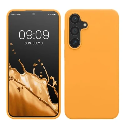 Abbildung von kwmobile Hülle kompatibel mit Samsung Galaxy S24 Plus Silikon Handy Case Handyhülle für weiche Oberfläche kabelloses Laden Fruity Orange