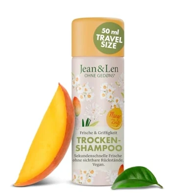 Abbildung von Jean &amp; Len Mini Trockenshampoo Frische Griffigkeit, kein fettiger Ansatz, keine weißen Rückstände, duftet fruchtig nach Mango, für alle Haartypen, Reisegröße, ohne Parabene Silikone, vegan, 50 ml