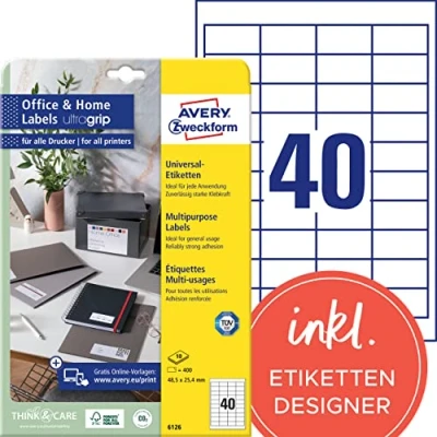 Abbildung von AVERY Zweckform 6126 Adressaufkleber (400 Klebeetiketten, 48,5x25,4 mm auf A4, bedruckbare Universaletiketten, selbstklebende Adressetiketten mit ultragrip, ideal fürs HomeOffice) 10 Blatt, weiß
