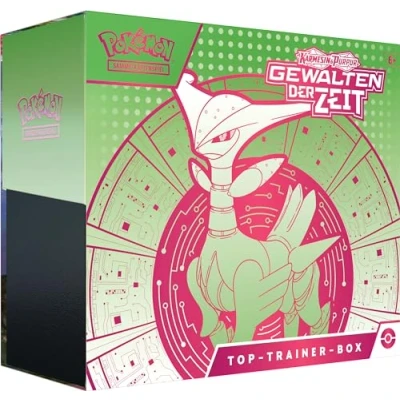 Abbildung von Pokémon Sammelkartenspiel Top Trainer Box Karmesin &amp; Purpur Gewalten der Zeit: Eisenblatt (1 holografische Vollbild Promokarte mit Eisendorn, 9 Boosterpacks Premium Zubehör)