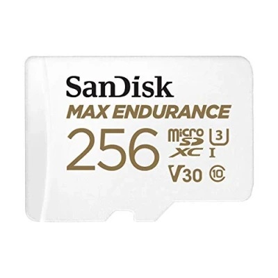 Abbildung von SanDisk MAX ENDURANCE microSDXC Speicherkarte mit Adapter 256 GB (Für Dashcams und Heimüberwachungssysteme,100 MB/s Übertragung, V30, Class 10, U3)