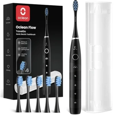 Abbildung von Oclean Elektrische Zahnbürste Flow TravelGo Set, 180 Tage Akkulaufzeit Schallzahnbürste mit Reiseetui, 5 Modi Sonic Electric Toothbrush 6 Bürstenköpfen und IPX7 Wasserdicht, Schwarz