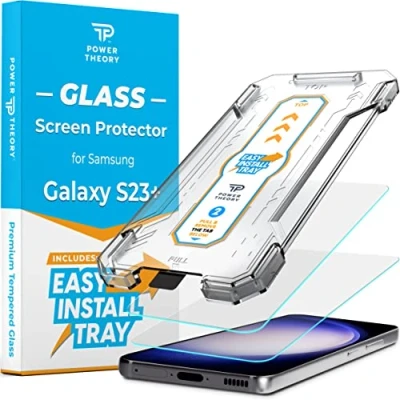 Abbildung von Power Theory Schutzglas für Samsung Galaxy S23 Plus Schutzfolie, Glas Displayschutz mit Schablone, Displayschutzfolie, Folie Anbringhilfe [2 Stück]