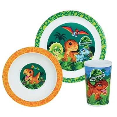 Abbildung von Fun House 0066 Jurassic World Dinosaurier Mahlzeitenset für Kinder mit 22 cm flacher Teller, 16 tiefer Teller und einem Glas 220 ml, Mehrfarbig, 3 teilig