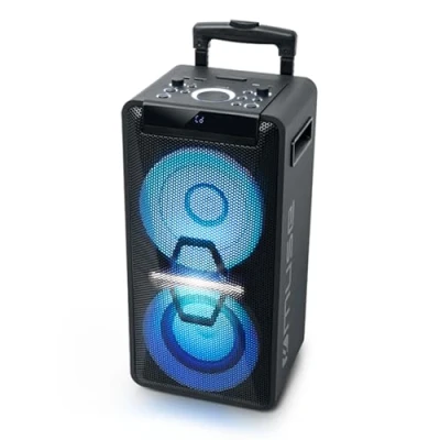 Abbildung von Muse DJ PA Anlage mit Akku, 300 Watt, CD, Bluetooth und Licht Effekten (USB, AUX, Mikrofon, Fernbedienung), schwarz