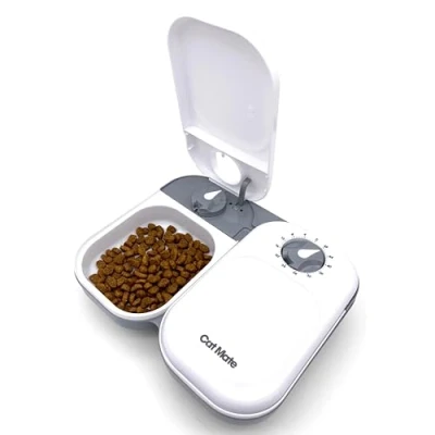 Abbildung von Cat Mate C200 Futterautomat für 2 Mahlzeiten mit Timer und Eisbeutel Katzen kleine Hunde Nass Trockenfutter, weiß