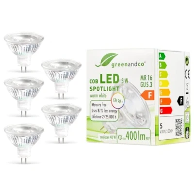 Abbildung von greenandco 5x CRI 90+ MR16 GU5.3 LED Spot 5W 400 lm 3000K warmweiß 38 COB 12V AC/DC nicht dimmbar