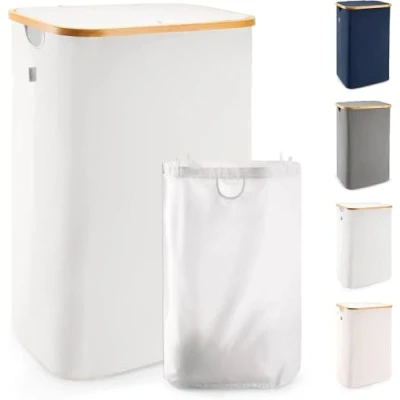Abbildung von Lonbet Wäschekorb mit Deckel Groß XL 100 Liter Holz Bambus Wäschesammler Hellgrau Griffen Light Grey Laundry Basket Hamper with Lid