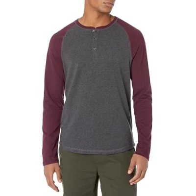 Abbildung von Amazon Essentials Herren Langärmeliges Henley Shirt, Schmale Passform, Burgunderrot/Dunkelgrau Meliert, M