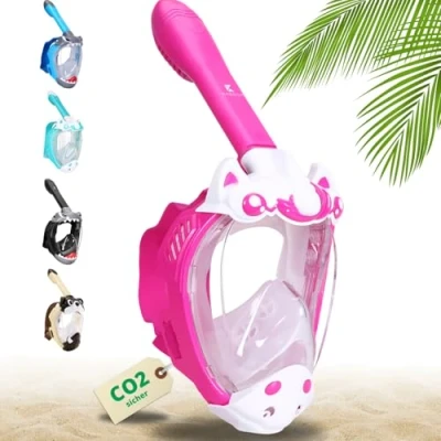 Abbildung von Khroom Schnorchelmaske Kinder ab 3 Jahre TÜV geprüft &amp; CO2 sicher Vollgesichtsmaske / Tauchmaske ganzes Gesicht Tauchermaske mit Tragetasche (Einhorn Pink)