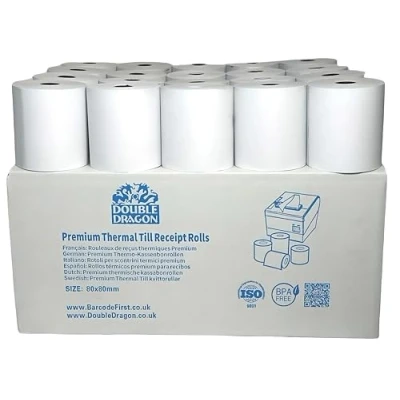Abbildung von Double Dragon Premium BPA freies Thermopapier in hoher Qualität, 80 mm x für POS Bondrucker, umweltfreundlich und wischfest (5er Pack)