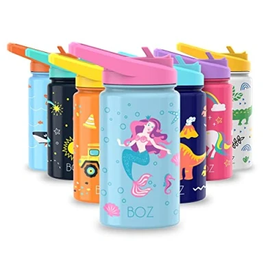 Abbildung von BOZ Kinder Trinkflasche Kohlensäure Geeignet Auslaufsichere Edelstahl Schule mit Strohalm Mädchen Meerjungfrau 400 ml