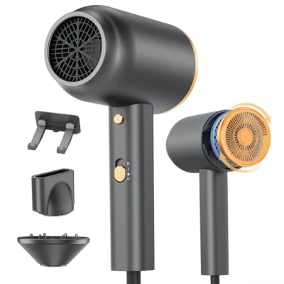 Abbildung von Ionen Föhn mit Diffusor DEWILY 1800W Schnelltrocknen Fön Kalt/Heißtaste, Thermostatischer Haartrockner, 3 Temperaturen, 2 Geschwindigkeiten, Hair Dryer Konzentrator, Halterung (Schwarz+Gold)