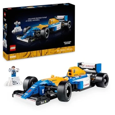 Abbildung von LEGO Icons Williams Racing FW14B mit Nigel Mansell F1 Modellauto Set Rennfahrer Minifigur zum Sammeln Schreibtischdeko Ständer Geschenk für Erwachsene &amp; Jugendliche Motorsportfans 10353