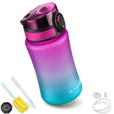 Abbildung von My Vesperbox Minny Kinder Trinkflasche auslaufsicher 350ml mit Strohhalm oder Sieb leichte Tritan Wasserflasche BPA frei für Kindergarten, Schule (Lila Blau 350ml)