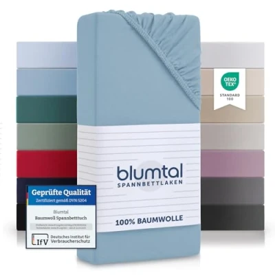 Abbildung von Blumtal® Baumwolle Spannbettlaken 90x200 cm Basics Jersey Bettlaken Oeko TEX zertifiziertes Spannbetttuch Matratzenbezug Bettbezug Leintuch Dusk Blue