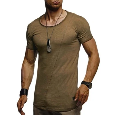 Abbildung von Leif Nelson Herren Sommer T Shirt Rundhals Ausschnitt Slim Fit Baumwolle Anteil Moderner Männer Crew Neck Hoodie Sweatshirt Kurzarm lang LN8209 Khaki Large