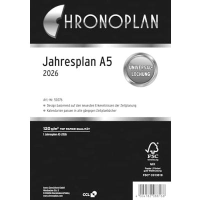 Abbildung von Chronoplan 50276 Kalendereinlage 2026 (Jahresplan A5 (148x210mm) Ersatzkalendarium für Terminplaner, übersichtliche Jahresplanung, 1 Monat auf Seite zum Aufklappen mit Leporello Falzung) weiß