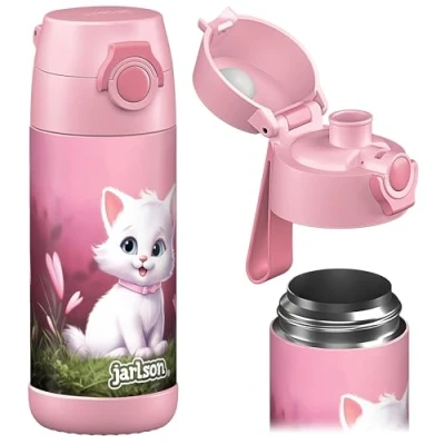 Abbildung von JARLSON® Trinkflasche Kinder &quot;MALI&quot; Thermo Edelstahl Wasserflasche BPA frei auslaufsicher Kinderflasche mit Chug Deckel Flasche für Schule, Kindergarten Katze 2.0, 350 ml