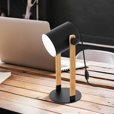 Abbildung von EGLO Tischlampe Hornwood, Vintage Tischleuchte im Industrial Design, Retro Nachttischlampe aus Stahl und Holz, Farbe Schwarz, creme, braun, FSC zertifiziert, Fassung E27, inkl. Schalter
